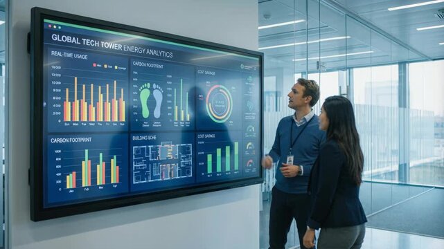 Ai for small business team reviews energy analytics dashboard office touchscreen during presentation with businesspeople examining carbon footprint
