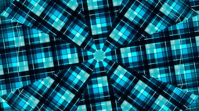 A symmetrical pattern of turquoise and black plaid squares arranged in a circular design on a white background with a kaleidoscope effect.