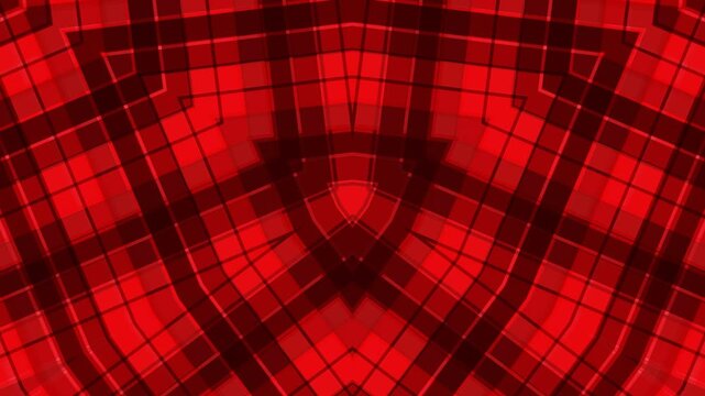 Vibrant red and black abstract geometric pattern with intersecting lines and shapes on a white background.