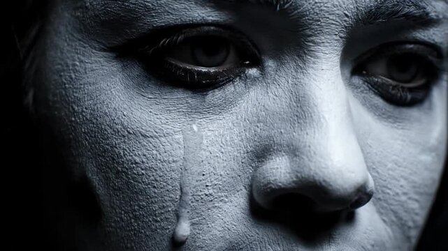 Extreme Close Up of Sad Mime Artist Face with Single Tear Rolling Down