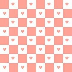Seamless coral pink or peach and white checkered pattern with small heart shapes. Cute aesthetic chessboard background for Valentine's Day, romantic greeting cards, wallpapers, and textile prints.