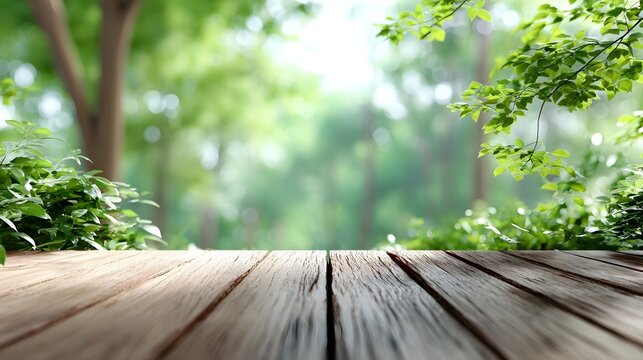 A weathered wooden table in the foreground offers a rustic surface against a soft blurred background of vibrant green forest foliage illuminated by bright sunlight
