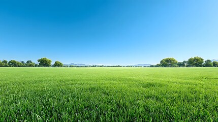 Fototapeta premium Expansive panoramic view of a vibrant green meadow under a clear bright blue sky with distant trees and hills conveying peace and natural beauty