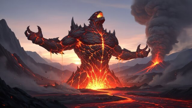 Magmatic behemoth rising amidst volcanic fury a landscape of fire and brimstone