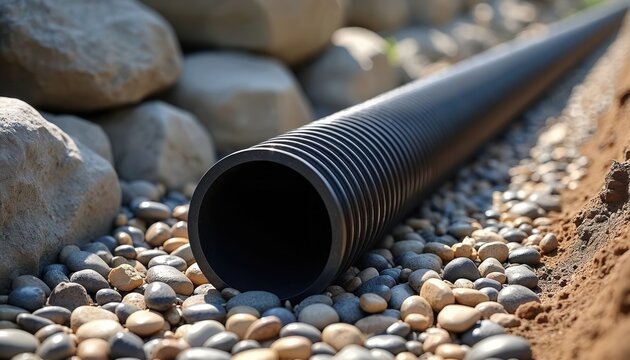 Black corrugated pipe rests in gravel bed. Stones and soil surround conduit for water management. Drainage system installed outdoors for yard.