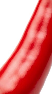 A vibrant red chili pepper is showcased in a captivating close-up, slowly panning along its smooth, glossy surface against a pristine white background. The camera gracefully moves from the verdant ste