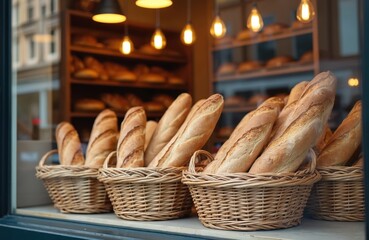 Fresh baguettes in wicker baskets displayed outside traditional bakery shop window. Shelves inside filled with baked goods. Warm light illuminates loaves, inviting customers to buy delicious bread.