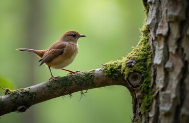 Obraz premium Tiny Eurasian wren bird perched on mossy tree branch. Small brown songbird with delicate beak looks alert in green summer forest. Avian wildlife in natural habitat.