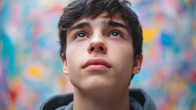 Close up portrait of a contemplative young individual gazing upward with an aspi nal expression set against a blurred vivid abstract mural suggesting creativity and dreams