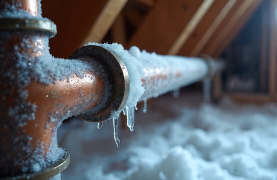 Frozen copper pipe in attic covered with ice and icicles. Water inside pipe may have frozen. Winter cold weather problem, plumbing maintenance issue. Indoor home repair challenge.