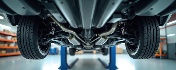 Underside view of car lifted on hydraulic platform inside clean auto service center. Closeup of tires exhaust system and suspension parts. Detailed mechanical inspection and repair.