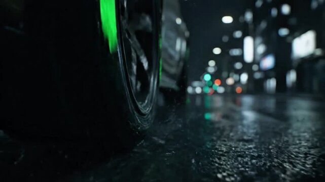 Close-up view of a car wheel on a wet city street at night with blurred neon lights