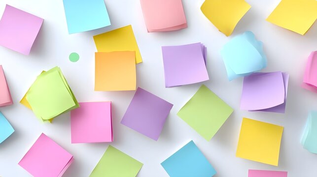 Overhead view of many colorful pastel sticky notes dispersed on a white surface ideal for notes reminders or brainstorming sessions