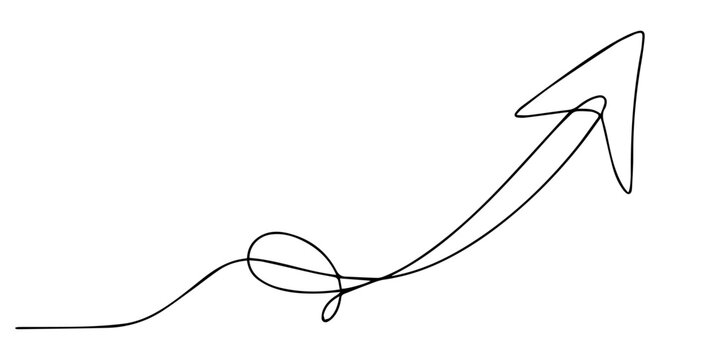 Growth arrow in one line art style. Arrow pointing up drawing with editable black stroke on white background. Vector illustration, Arrow symbol continuous one line drawing on white background minimal.
