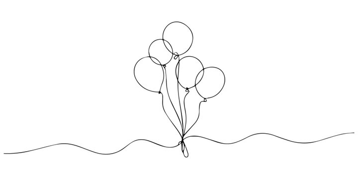 Balloon single line art, continuous one line drawing of Isolated outline vector icon, A bunch of air balloons in one line art style. Party decoration drawn with one continuous black line. Vector pro.