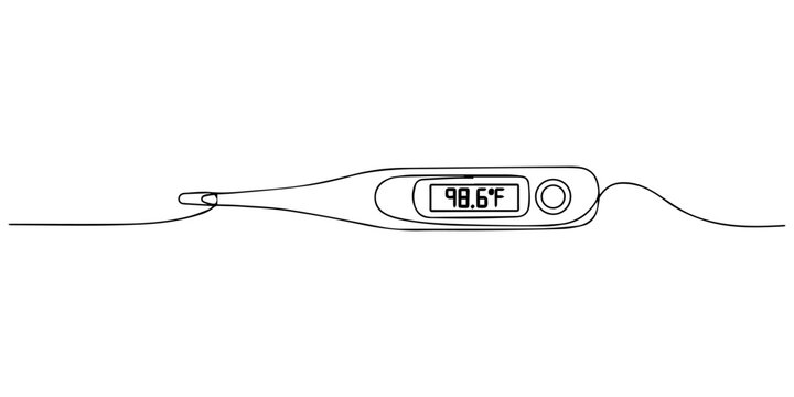 One continuous line drawing of electronic medical thermometer illustration, ingle line of medical thermometer drawing. Medical thermometer illustration. Doodle outline vector illustration, Editable.