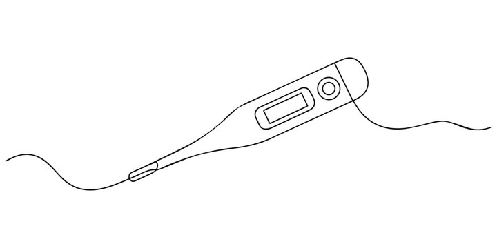 One continuous line drawing of electronic medical thermometer illustration, ingle line of medical thermometer drawing. Medical thermometer illustration. Doodle outline vector illustration, Editable.
