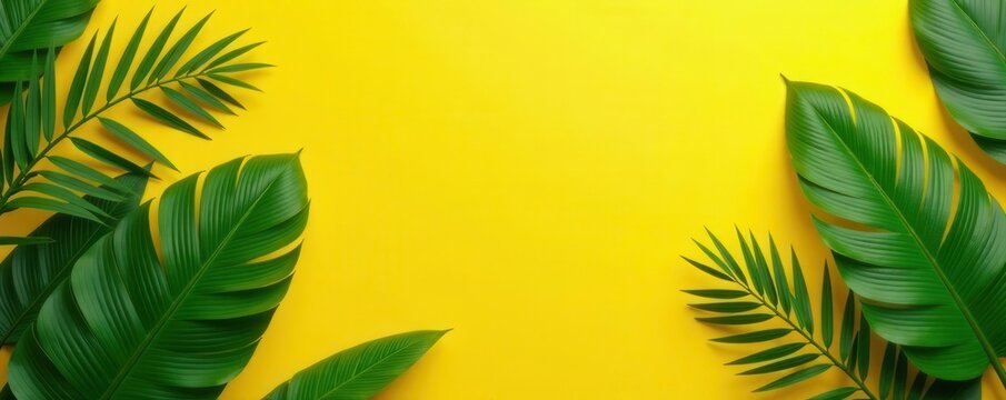 Abstract yellow sunburst pattern, tropical leaves, poster, nature, illustration