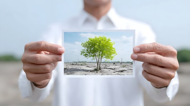 A person s hands hold a printed image showcasing a vivid green tree standing alone in a desolate arid land littered with dead stumps highlighting environmental degradation and resilience