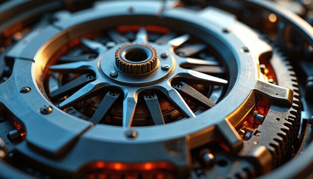 Macro view of auto transmission clutch assembly. Metal gears and flywheel parts create intricate mechanical engine detail. Precision engineered machine components rotate for automotive power.
