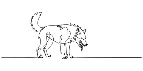 Obraz premium Standing Snarling Wolf continuous one line drawing, Snarling wolf with raised hackles standing on grass in aggressive pose stylized in bold black and white line art, Line art illustration of a wolf.