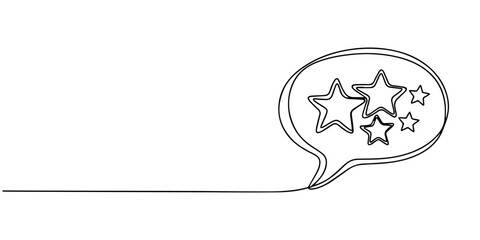 Speech bubbles in star shapes drawn by continuous line with place for text. Vector illustration, Chat speech bubble gold five stars score of customer review rating continuous one line drawing, minimal