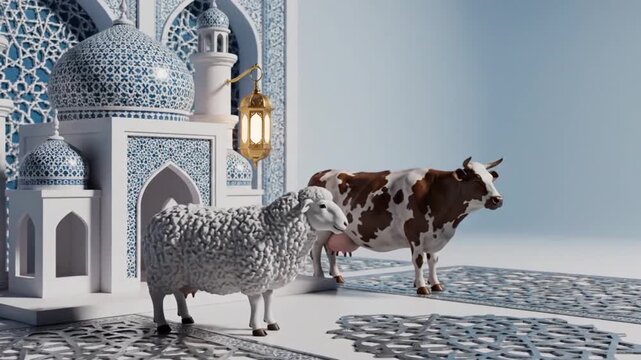 Sheep and Cow Statues Near Mosque Model.