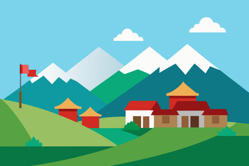 Himalayan Village Landscape Illustration