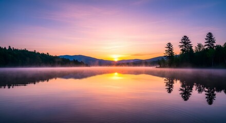 Obraz premium Serene Sunrise Over a Misty Lake with Colorful Sky Reflections, Tranquil Autumn Landscape