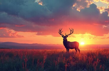 Naklejka premium Majestic stag with large antlers stands in a vibrant grassy field. The sun sets with a colorful sky casting warm light over the landscape. Wild animal observes serene nature at dusk.