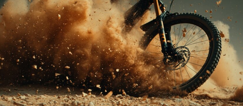 Mountain bike wheel kicking up dust and dirt during a ride.