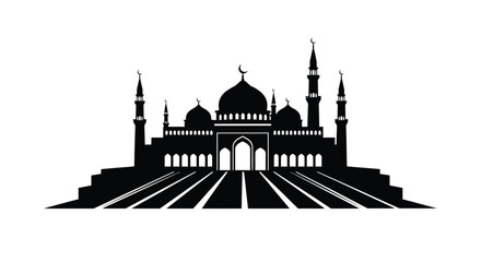 Mosque Silhouette with Domes and Minarets on White Background