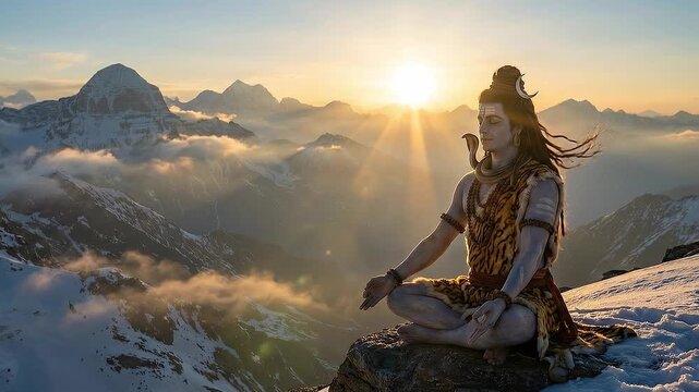 Lord Shiva Meditating on Mountain at Sunrise