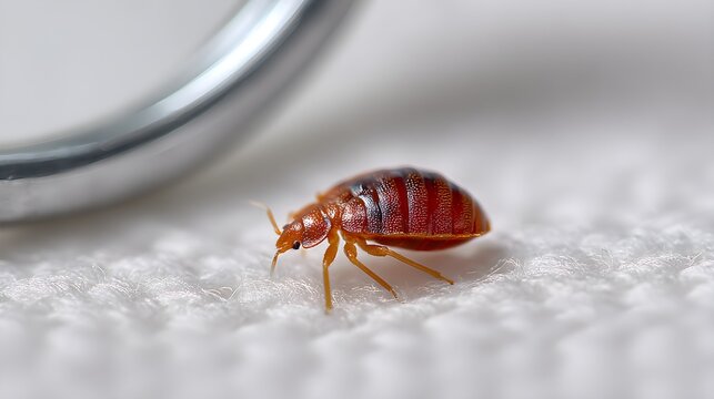 Extremely close up shot of a reddish brown bed bug on white mattress 