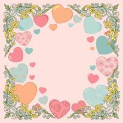 Elegant vector frame featuring a harmonious arrangement of pastel hearts and delicate floral vines, perfect for romantic invitations and festive greeting card designs