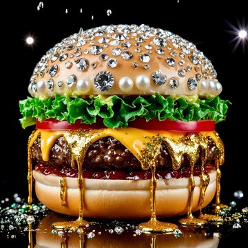 a hamburger with rhinestones on a black background