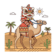 Barongsai riding a camel against a desert backdrop, a symbol of the combination of Chinese New Year and Ramadan.