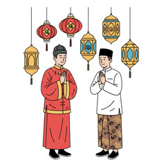 Two men in their traditional clothes greet each other to celebrate Chinese New Year and Ramadan, decorated with Chinese New Year and Arabic style lanterns.