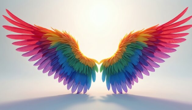 Pair of rainbow colored wings isolated on light background. Symbolizing pride love diversity and acceptance. Bright feathers spread out in fan shape.