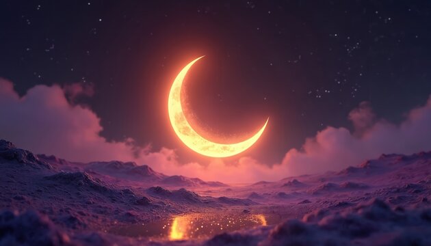 Bright crescent moon hangs over a purple, rocky landscape under a starry sky. Soft clouds and reflections shimmer in pools of water creating a mystical, ethereal atmosphere.