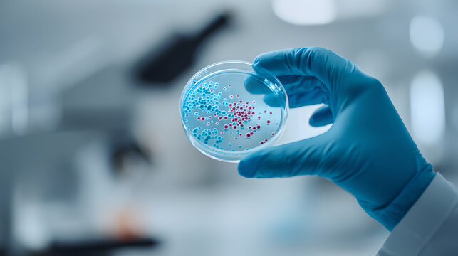 Blue Gloved Hand Displaying Petri Dish With Growing Bacterial Colonies Under Light 