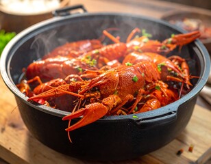 Steaming red crawfish in a black cast iron pot
