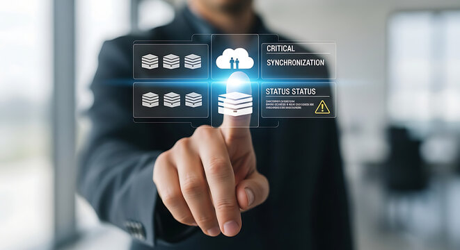 Man Touching Futuristic Digital Interface with Cloud and Database Icons.
