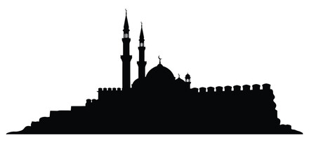 Mosque Silhouette with Minarets and Dome against White Background