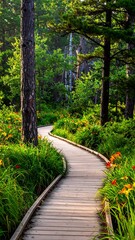 Fototapeta premium A winding wooden walkway traverses a vibrant forest, bordered by flourishing greenery and wildflowers under sunlit trees