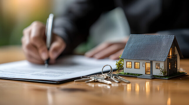 Close up of a person signing a real estate property sale contract