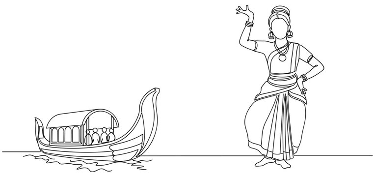 Traditional boat with passengers and classical dancer in ornate attire, cultural heritage illustration showcasing South Indian art, dance, and transportation