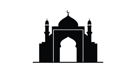 Mosque Silhouette with Dome and Minarets on White Background