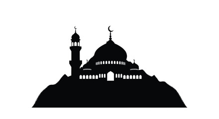 Mosque silhouette with crescent moon on a hill isolated on white background