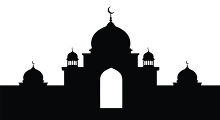 Islamic Mosque Silhouette with Crescent Moon Symbol on White Background